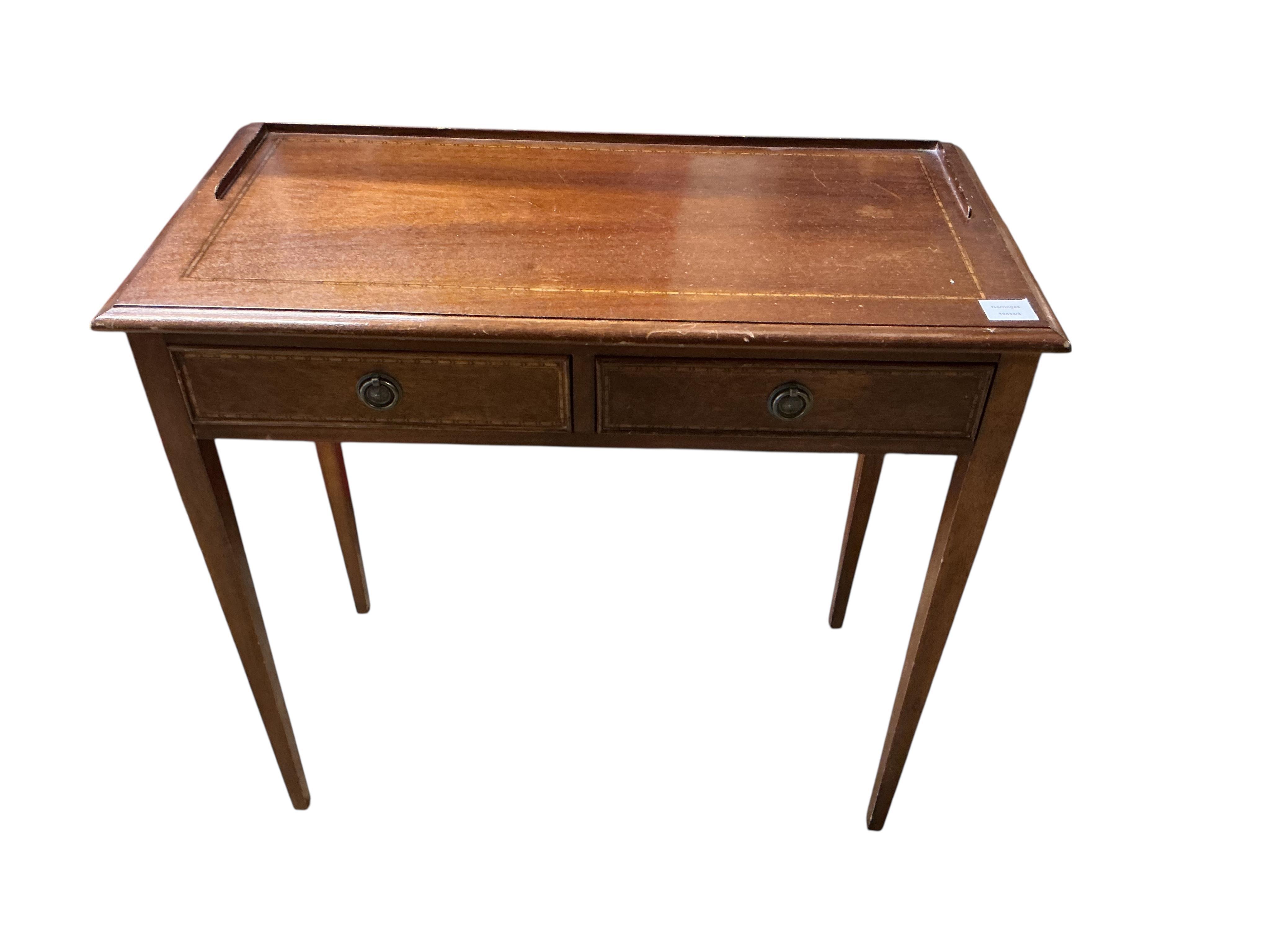 An Edwardian style inlaid mahogany two drawer side table, width 79cm, depth 40cm, height 75cm